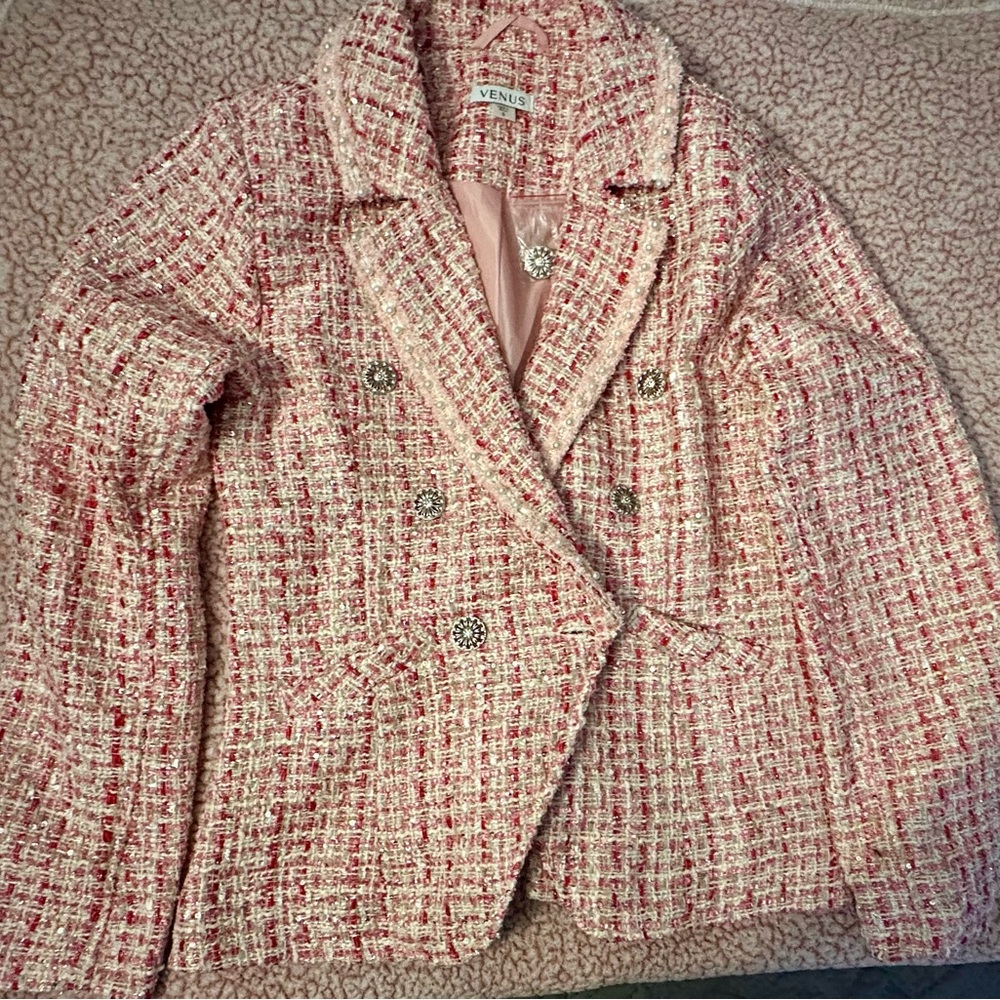 VENUS Women's Pink and White Tweed Blazer